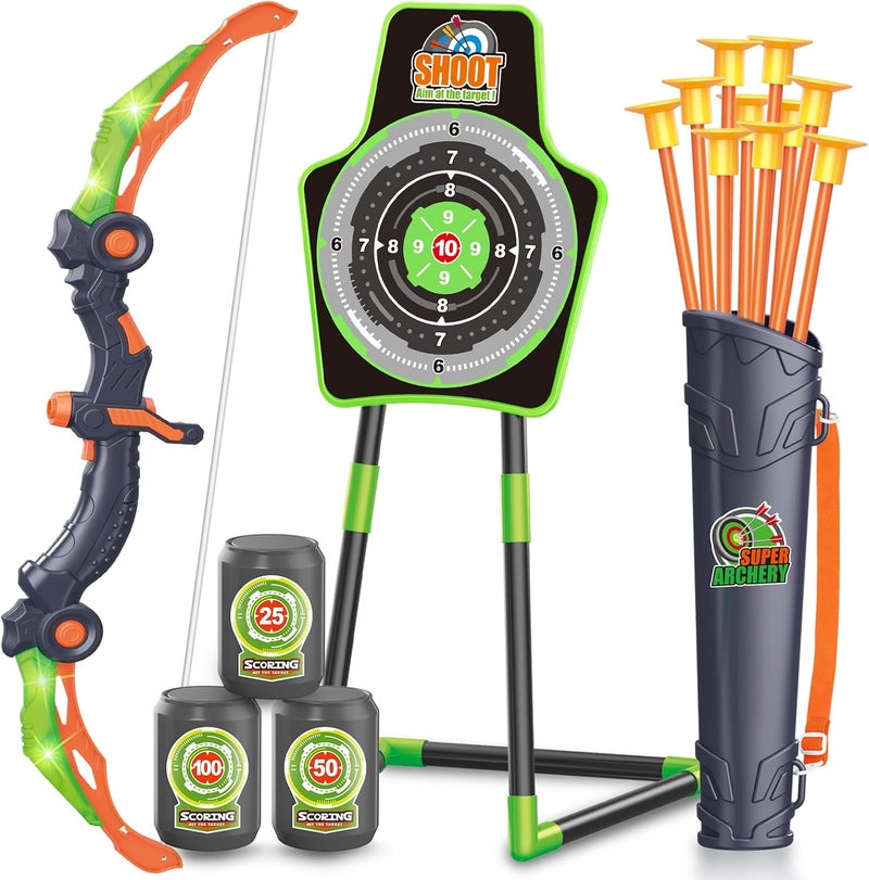 spring flower Bow and Arrow Toys for Kids, Archery Set Includes Super Bow with LED Lights, 10 Suction Cups Arrows,Archery Set with Standing Target and 3 Target Cans for Boys and Girls - Image 1